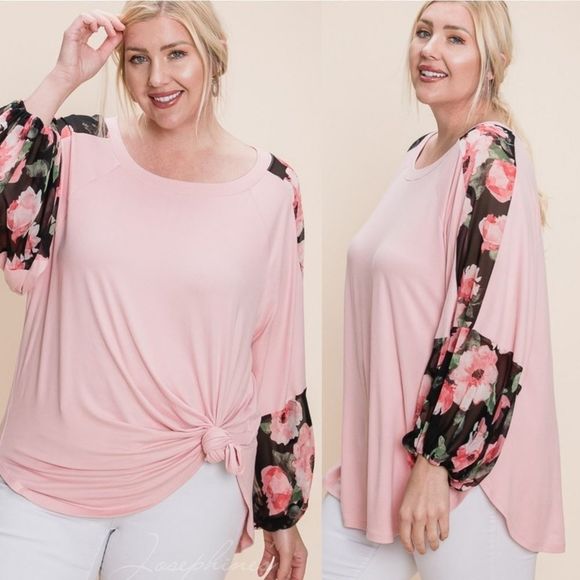Pink Plus Size Top With Floral Sleeves - Picture 3 of 5